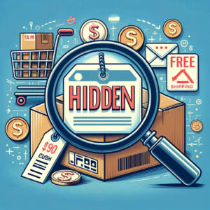 DALL·E 2023 12 08 05.10.19 An illustration representing the concept of hidden costs in online shopping. The image features a package with a price tag and a magnifying glass focu 1