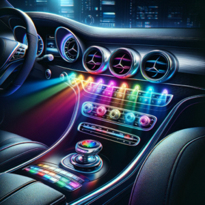 DALL·E 2023 12 10 07.51.01 An illustration representing the concept of upgrading a cars interior with LED lighting. The image shows a sleek and modern car interior emphasizing 1