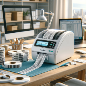 DALL·E 2023 12 11 05.11.30 Afbeelding van de Niimbot B1 Draagbare Label Printer op een bureau met labels verspreid. Toon de printer in gebruik met een label dat net wordt afge 1