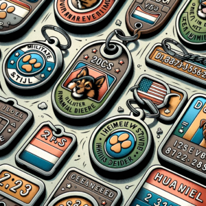 DALL·E 2023 12 11 05.51.30 Afbeelding van een assortiment van de Groothandel 20Pcs Militaire Stijl Pet Id Tag Rvs Gepersonaliseerde tags. Toon de tags in verschillende kleuren 1