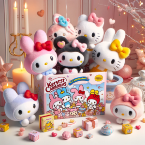 DALL·E 2023 12 11 06.39.20 Een kleurrijke en speelse afbeelding van het Kerstcadeaus Cartoon Sanrio Pluche Boeket met My Melody Kuromi Cinnamoroll en KT Cat pluche poppen 1