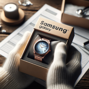 DALL·E 2023 12 12 05.02.57 Afbeelding van iemand die een Samsung Galaxy horloge in een retourdoos plaatst. De focus ligt op het horloge en de retourdoos met een label erop. De a 1