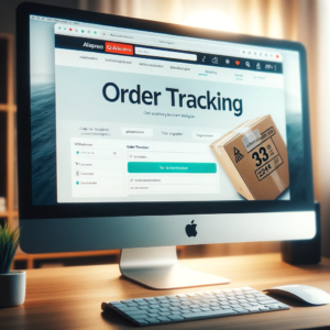 DALL·E 2023 12 12 05.23.30 Afbeelding van een computermonitor met de AliExpress website open waarop een Order Tracking pagina zichtbaar is. De focus ligt op het veld waar het 1