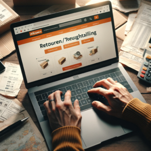 DALL·E 2023 12 12 06.33.15 Afbeelding van een persoon die op een laptop werkt met de AliExpress website open en de pagina Retouren Terugbetaling zichtbaar. De afbeelding moet 1
