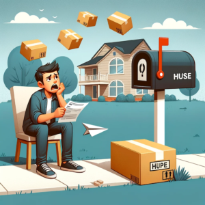 DALL·E 2023 12 13 06.27.19 An illustration showing a frustrated customer looking at an empty mailbox with packages floating in the air between an online store and a house symb 1