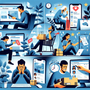 DALL·E 2023 12 13 08.25.02 A visual collage representing five different aspects of online shopping challenges and solutions. The collage includes 1. A customer struggling with 1