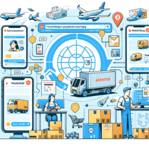 DALL·E 2023 12 14 19.13.36 Een illustratie die het proces van online bestellen en pakketbezorging van Chinese webwinkels zoals AliExpress weergeeft met nadruk op gemiste leveri 1 1
