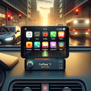 DALL·E 2023 12 15 05.32.00 Een moderne en stijlvolle afbeelding van de Carlinkit 5 Carplay Mini Ai Box een apparaat dat draadloze CarPlay en Android Auto mogelijk maakt. De afb 1