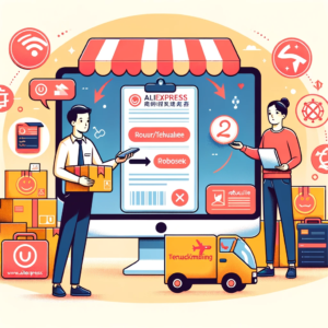 DALL·E 2023 12 15 19.05.37 Een illustratie die het proces van het oplossen van een foutieve levering bij een online aankoop via AliExpress weergeeft. De afbeelding moet elemente 1