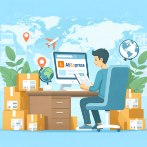 DALL·E 2023 12 18 18.52.04 A person sitting at a computer researching online shopping on AliExpress surrounded by parcels and a world map in the background illustrating inter 7