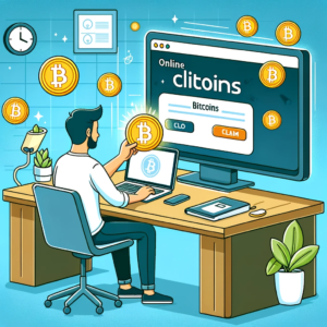 DALL·E 2023 12 18 19.08.34 A person sitting at a desk with a laptop successfully claiming bitcoins on a website. The screen shows a successful transaction and bitcoins being ad 5