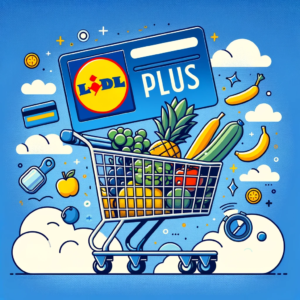 DALL·E 2023 12 20 06.24.24 An illustration of a shopping cart filled with groceries and a visible Lidl Plus card symbolizing savings and discounts at Lidl. The image represents 1