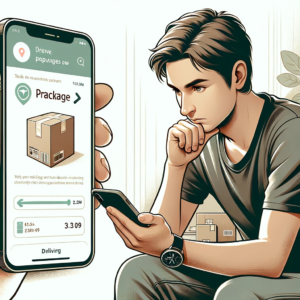 DALL·E 2023 12 22 05.21.39 A digital illustration showing a person checking the delivery status of a package on a smartphone. The individual is depicted as a young Caucasian mal 1