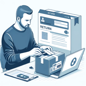 DALL·E 2023 12 22 06.39.58 A digital illustration showing a person at a desk preparing a package for return to an online store. The individual is depicted as a middle aged Cauc 1