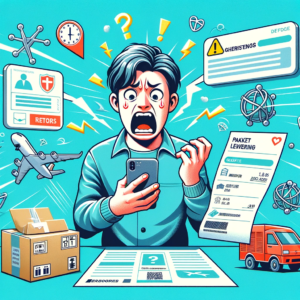 DALL·E 2023 12 22 08.12.33 Een illustratie die de frustratie van een klant over het missen van een pakketlevering illustreert. De afbeelding moet een persoon tonen die geirritee 1