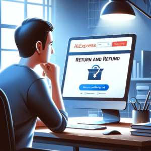 DALL·E 2023 12 22 21.46.36 An image of a person looking thoughtfully at a computer screen displaying the AliExpress return and refund page symbolizing the process of returning 1