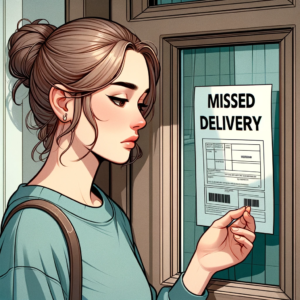 DALL·E 2023 12 23 17.40.41 A digital illustration showing a person checking a missed delivery notice on their door. The individual is depicted as a young Caucasian woman lookin 1
