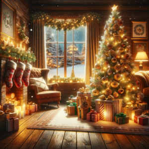 DALL·E 2023 12 24 06.51.37 A festive and warm digital illustration of a cozy Christmas and New Year celebration scene. The image includes a beautifully decorated Christmas tree 1 2 1