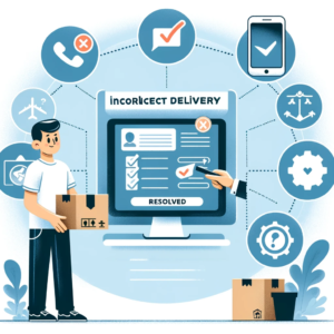 DALL·E 2023 12 28 19.12.41 An image illustrating the theme of resolving incorrect deliveries in online shopping. The image should show a determined shopper with an incorrect pro 1