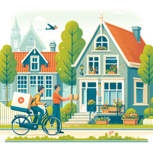 DALL·E 2023 12 29 05.09.23 Create an illustration of a typical Dutch neighborhood with a bicycle in the foreground and a delivery person handing over a package to a resident in 1