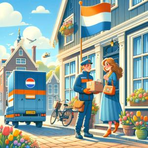 DALL·E 2023 12 29 05.47.26 Een illustratie van een vrolijke shopper die een pakket ontvangt van een bezorger voor een karakteristiek Nederlands huis. De achtergrond moet een gez 1