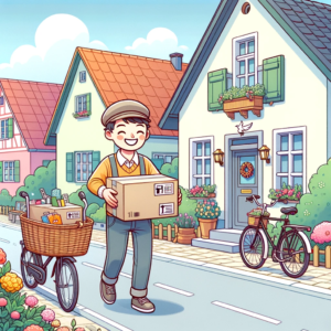 DALL·E 2023 12 29 05.52.25 Eine Illustration eines glucklichen Shoppers der ein Paket von einem Zusteller vor einem typisch deutschen Haus empfangt. Der Hintergrund sollte eine 1