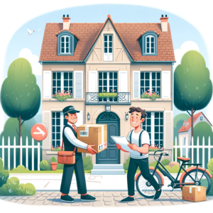 DALL·E 2023 12 29 05.54.21 Une illustration montrant un acheteur heureux recevant un colis dun livreur devant une maison typiquement francaise. Larriere plan doit presenter un 1