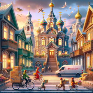 DALL·E 2023 12 29 05.57.13 Иллюстрация счастливого покупателя получающего посылку от курьера перед типичным российским домом. На заднем пл 1