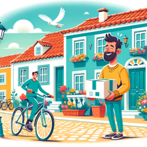 DALL·E 2023 12 29 06.27.07 Uma ilustracao de um comprador feliz recebendo um pacote de um entregador em frente a uma casa tipica portuguesa. O fundo deve mostrar uma rua pitores 1