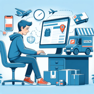 DALL·E 2023 12 29 07.49.48 Een illustratie van een persoon die voor een computer zit zichtbaar bezig met het controleren van een pakketstatus online. Op de achtergrond is een v 1