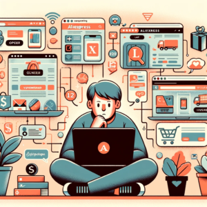 DALL·E 2023 12 29 08.01.54 Een illustratie van een persoon die een laptop gebruikt met meerdere vensters open die verschillende online winkels zoals AliExpress en Varilo tonen 1