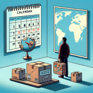 DALL·E 2023 12 29 08.06.19 Een illustratie van een kalender met dagen die worden afgevinkt en een pakket op de achtergrond dat langzaam maar zeker zijn weg vindt op een wereldka 1