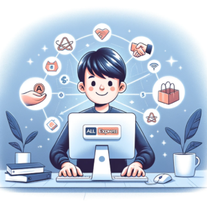 DALL·E 2023 12 29 08.26.24 Een illustratie die een persoon Alexander toont die achter een computer zit omringd door symbolen van het AliExpress logo en handen die elkaar help 1