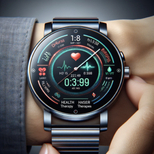 DALL·E 2024 01 02 05.21.19 A sleek and modern smartwatch on a wrist displaying various health metrics like blood glucose heart rate blood pressure and temperature on a 1.46 1