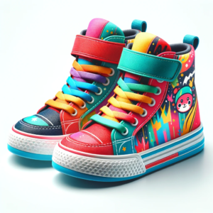 DALL·E 2024 01 02 05.28.11 A pair of vibrant colorful childrens high top sneakers displayed on a white background. The sneakers are designed for comfort and durability ideal 1