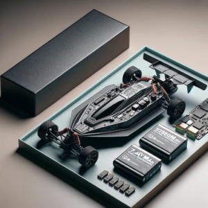 DALL·E 2024 01 02 05.41.59 A detailed image of a robust 7.4V 5200mAh battery alongside a sleek motherboard and durable boat cover specifically designed for the Flytec 2011 5 RC 1