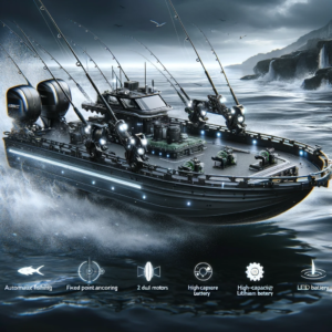 DALL·E 2024 01 02 06.43.55 An advanced remote controlled fishing boat with automatic fixed point anchoring and nesting. It features dual motors two separate bait tanks high ca 1
