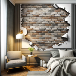 DALL·E 2024 01 02 07.49.07 A realistic depiction of a wall in a living room or bedroom adorned with the 3D brick pattern wall sticker showing the detailed and textured surface 1