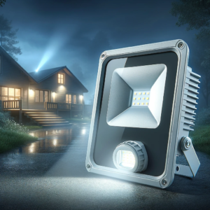 DALL·E 2024 01 02 07.56.17 A modern LED floodlight with PIR motion sensor feature installed in an outdoor setting. The image shows the floodlight illuminating a dark area with 1