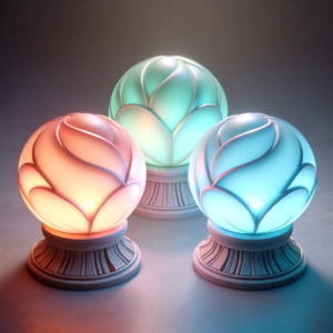 DALL·E 2024 01 02 08.03.06 A set of three luminous orb like objects resting on a pedestal each glowing in a distinct color representing the mythical fruits from a popular anim 1