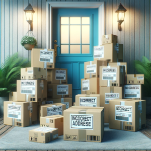 DALL·E 2024 01 04 06.45.34 An image showing a collection of delivery boxes at the doorstep with labels indicating Incorrect Address or Return to Sender. The image symbolize 1