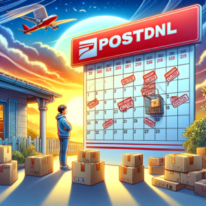 DALL·E 2024 01 06 07.09.58 A conceptual image showing a closed PostNL point with undelivered packages and a frustrated customer outside. The background should show a calendar w 1