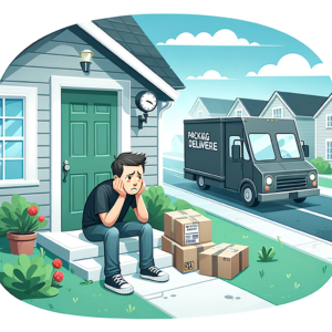 DALL·E 2024 01 06 10.39.45 An image depicting a frustrated customer waiting at home for a package delivery with packages being delivered to the wrong address or left at alterna 1