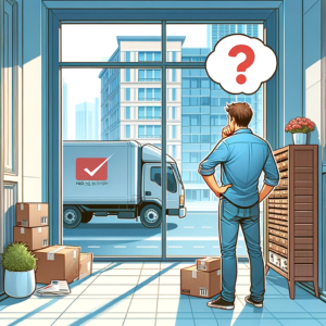 DALL·E 2024 01 06 11.45.25 A frustrated customer standing in a building lobby looking at an empty mail area symbolizing missed or unfulfilled deliveries. The image should refle 1
