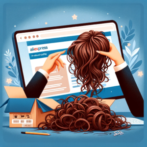 DALL·E 2024 01 06 22.36.12 An image depicting a customer looking at a tangled and unusable hair wig next to its open package symbolizing the disappointment in product quality. 1