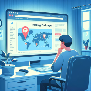 DALL·E 2024 01 07 15.44.45 An image showing a person looking at a computer screen displaying a tracking website with a map and a moving package icon. The person seems relieved a 1