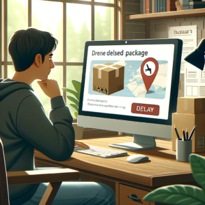 DALL·E 2024 01 07 18.24.58 An image showing a person sitting in front of a computer checking a package tracking website. The screen shows a package icon on a map indicating a 1
