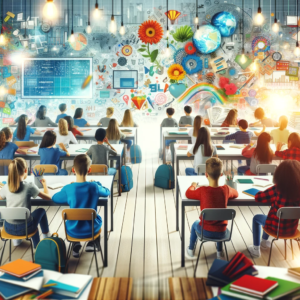 DALL·E 2024 01 08 06.58.02 A bright and modern classroom scene with diverse students actively engaged in learning. The classroom is filled with colorful educational materials t 5