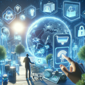 DALL·E 2024 01 09 05.04.24 A futuristic image of online shopping showcasing advanced technology like augmented reality AI customer service and sustainable products. The scene 1