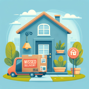 DALL·E 2024 01 09 20.34.01 An image representing online shopping and package delivery. It should depict a package with a missed delivery tag symbolizing a missed delivery att 1